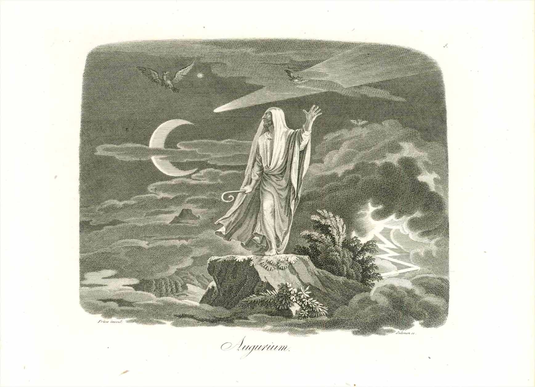 "Augurium"  Copper etching by Salomon after Friese  Ca. 1830/40  An Augur was, in classical Roman times, a priest who practiced augury (prophecy).  He interpreted the will of the Gods by observing the flight of birds. This practice was called  "taking the auspices". Any major undertaking (be it military, commercial or religious) was preceded by a ceremony, in which the Augur interpreted good or bad luck from the birds' flight.