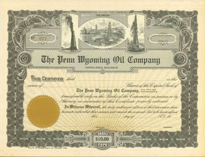    "The Penn Wyoming Oil Company"  Share of stock ca 1920. Not issued. Reverse side with with usual stock certificate form.  Original antique print 