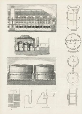 Upper image: "Retort House" Middle image: "Gas Purifiers and Condensers" Lower image: "Gasometers"  The smaller images show gas meters and other instruments.  Wood engravings published ca 1875. On the reverse side is unrelated text.