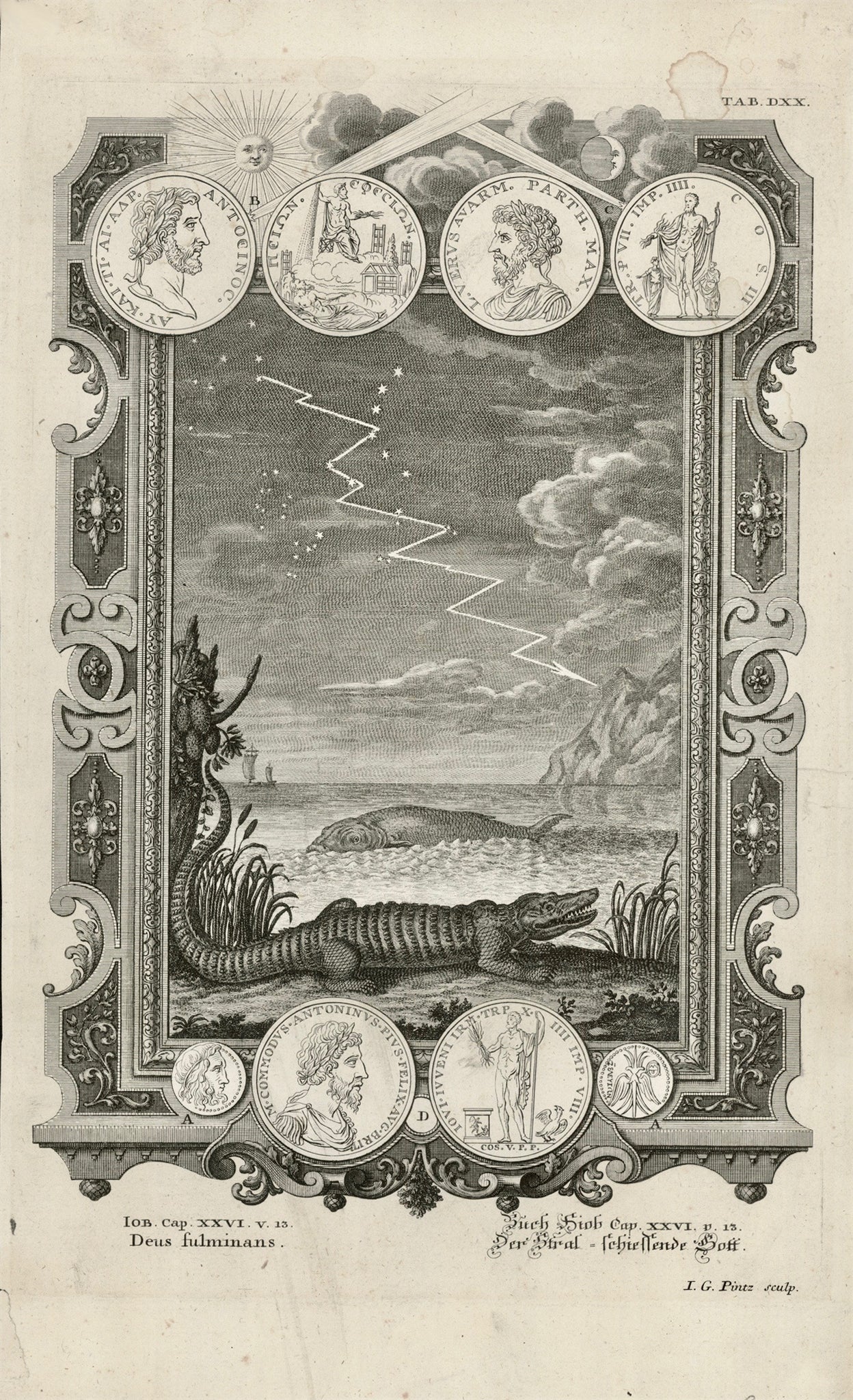 "Buch Hiob Cap. XXVI v. 13" . The fulminant God. Crocodile and whale as well as coins and medals.  Copperplate etching. Published in "Physica sacra" (Bible) by Johann Jakob Scheuchzer. Augsburg, 1731-35