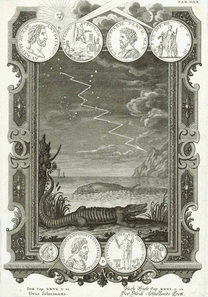"Buch Hiob Cap. XXVI v. 13" . The fulminant God. Crocodile and whale as well as coins and medals.  Copper etching. Published in "Physica sacra" (Bible) by Johann Jakob Scheuchzer. Augsburg, 1731-35  Original antique print 