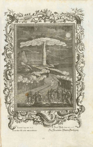 "Transits Israelis miraculous - Der Israeliten Wunder Durchgang" (The Sea parting for passage of Israelites)  Book Mose Cap. XIV, v. 16  Anonymous copper etching.  Published in "Biblia Sacra vulgatae editionis jussu Sixti V. Ponif. Max. recognita."  Konstanz (Constance), 1770