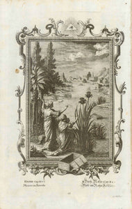 "Moses in Arcula - Mose im Rohrkaestlein" (Mose in basket on the Nile)  Book Mose Cap. II, v. 3  Anonymous copper etching.  Published in "Biblia Sacra vulgatae editionis jussu Sixti V. Ponif. Max. recognita."  Konstanz (Constance), 1770