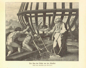 "Der Bau der Arche Vor Der Sinflut" (Building Noah's Ark)  Wood engraving made after a painting by Raphael. Published ca 1890.  Original antique print  