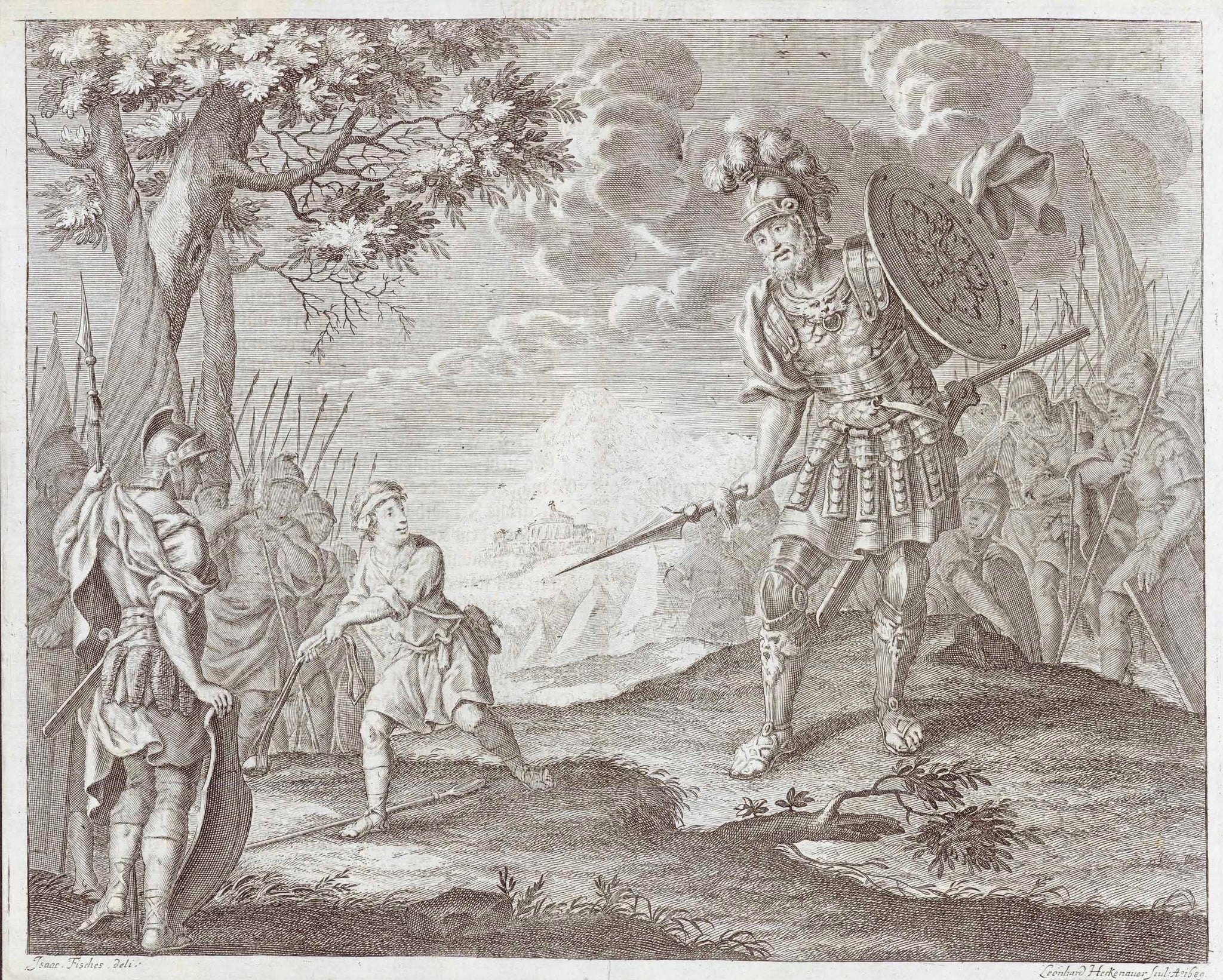 David and Goliath. - No title.  David is getting ready to charge the famous stone with a sling against Goliath who was physically way superior to David.  Copper engraving by Leonhard Heckenauer (1655-1704) after the drawing by Isaac Fisches (1638-1706)  This engraving was published in "Friedensgemaelde - Der Evangelischen Schuljugend in Augsburg"  Augsburg, 1731  Original antique print  