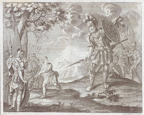 David and Goliath. - No title.  David is getting ready to charge the famous stone with a sling against Goliath who was physically way superior to David.  Copper engraving by Leonhard Heckenauer (1655-1704) after the drawing by Isaac Fisches (1638-1706)  This engraving was published in "Friedensgemaelde - Der Evangelischen Schuljugend in Augsburg"  Augsburg, 1731  Original antique print  