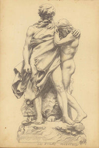 Pencil drawing by Hans Kuhn of the Les Exilés Statue von Bildhauer Mathurin Moreau (1822-1912).  The statue is in the Museum d'Orsay in Paris.  Signed HKuhn and dated 15.1. (18)89