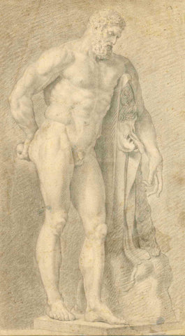 No title. Hercules (standing Nude) -  Artist's copy of "Ercole Farnese". Statue in the National Archeological Museum in Naples  Hercules with the skin of the Nemean lion, his club and, in his hand held in back of himself, one golden apple of the Hersperides.  Unsigned pencil drawing. Quite well executed artist's study of the famous marble statue in Naples.  Watermark. Ca. 1840-1860  Original antique print 