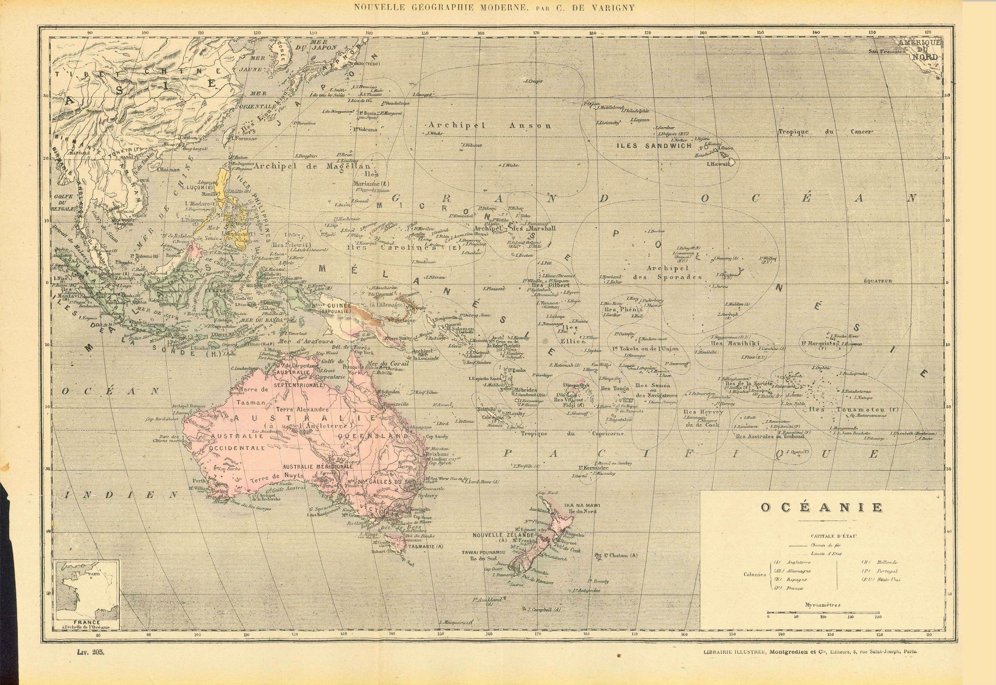 "Oceanie"  Very detailed map of the South Pacific with Australia, New Zealand, the Philippines, the Sandwich Islands (Hawaii) and southeastern Chuna. In the upper right corner is a small area of North Africa. In the lower left is a size comparison of the area with France.  This map was published ca 1890.  For a 30% discount enter MAPS30 at chekout   Original antique print  