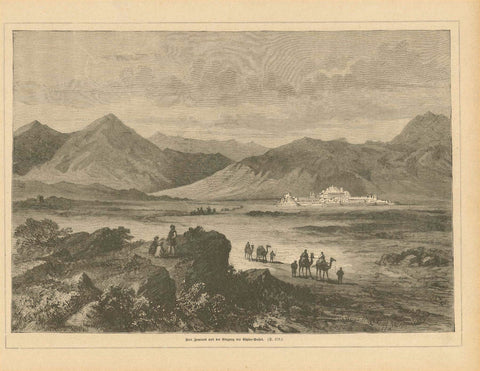 "Fort Jamrood und der Eingang zu Khyber-Passes" (Jamrud)  Wood engraving published 1879. On the reverse side is an article (in German) about the war between England and Afghanistan.  Original antique print , interior design, wall decoration, ideas, idea, gift ideas, present, vintage, charming, special, decoration, home interior, living room design