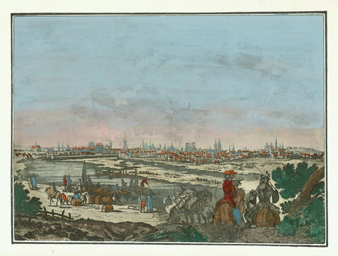 No Title. (Paris)  Hand-colored copper etching. Published in "Hecatompolis sive Totius Terrarum Oppida Nobiliora Centrum..." by Peter Schenk (1660-1711) consisting of 100 views of important cities of the world. It wa dedicated to the Prussian crown prince Friedrich-Wilhelm.  Published in Amsterdam, 1702