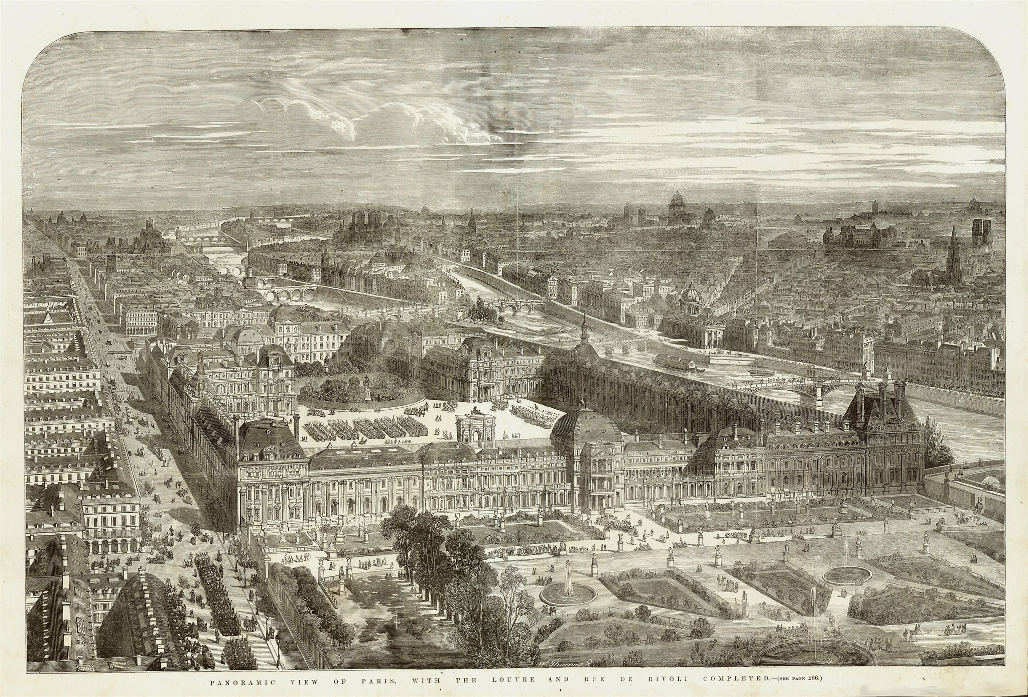 "Panorsamic View of Paris, with the Louvre and Rude de Rivoli completed"  Wood engraving by William Luson Thomas (1830-1900)  Published in London, 1855  Half bird's eye view across the famous Louvre Museum in Paris. On the left busy Rue de Rivoli, on the right side the Seine River and beyond "Le Quartier Latin". In background La Cathedrale Notre Dame de Paris on the Ile de la Cite.