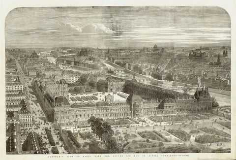 "Panorsamic View of Paris, with the Louvre and Rude de Rivoli completed"  Wood engraving by William Luson Thomas (1830-1900)  Published in London, 1855  Half bird's eye view across the famous Louvre Museum in Paris. On the left busy Rue de Rivoli, on the right side the Seine River and beyond "Le Quartier Latin". In background La Cathedrale Notre Dame de Paris on the Ile de la Cite.