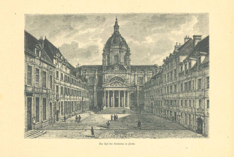 "Der Hof der Sorbonne in Paris"  Wood engraving published ca 1895.  Original antique print  