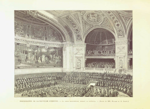 Antique print, Sorbonne, "Inauguration De La Nouvelle Sorbonne. - Le Grand Amphiteatre Pendant La Ceremonie"  Wood engraving by Hugard and Scott ca 1900 showing the inauguration in 1896.  Original antique print  