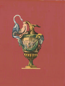 Splendor Vase or Goblet  Hand-colored copper etching. Published in "Ornaments, Vases and Decoration" By Auguste Pequenot (1819-1878) Published in Paris, 1860.  Goblet/Vase decorated with swan mating with Leda. Surrounded by elegant velvety alizarin madder lake color to the paper edges, leaving no margins.  Original antique print  