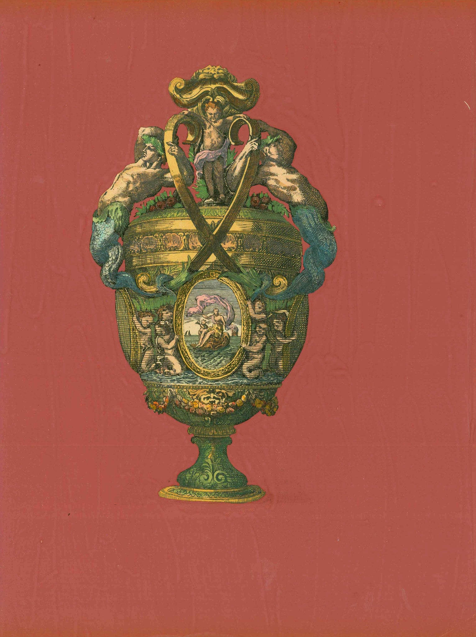 Hand-colored copper etching. Published in "Ornaments, Vases and Decoration" By Auguste Pequenot (1819-1878) Published in Paris, 1860.  Goblet/Vase Surrounded by elegant velvety alizarin madder lake color to the paper edges, leaving no margins.