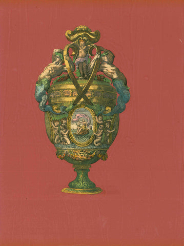 Hand-colored copper etching. Published in "Ornaments, Vases and Decoration" By Auguste Pequenot (1819-1878) Published in Paris, 1860.  Goblet/Vase Surrounded by elegant velvety alizarin madder lake color to the paper edges, leaving no margins.