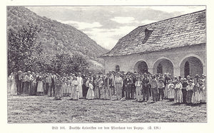 "Deutsche Kolonisten vor dem Pfarrhaus in Pozuzo"  Wood engraving made after a photograph ca 1895.  Puzozo in the rain forest was a German-Tiroler settlement in Peru.  Above and below the image is text in German about early exploration in Bolivia. On the reverse side is an image of Mt. Illimani and text about early Jesuit missionaries.