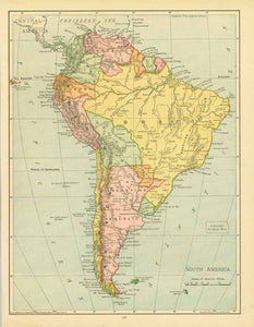 "Mole and Harbor Callao"  Wood engraving on a page of text about South America.  Image: 11 x 20.5 cm ( 4.3 x 8")  Reverse side:  "South America" (printed in color) Published ca 1895.