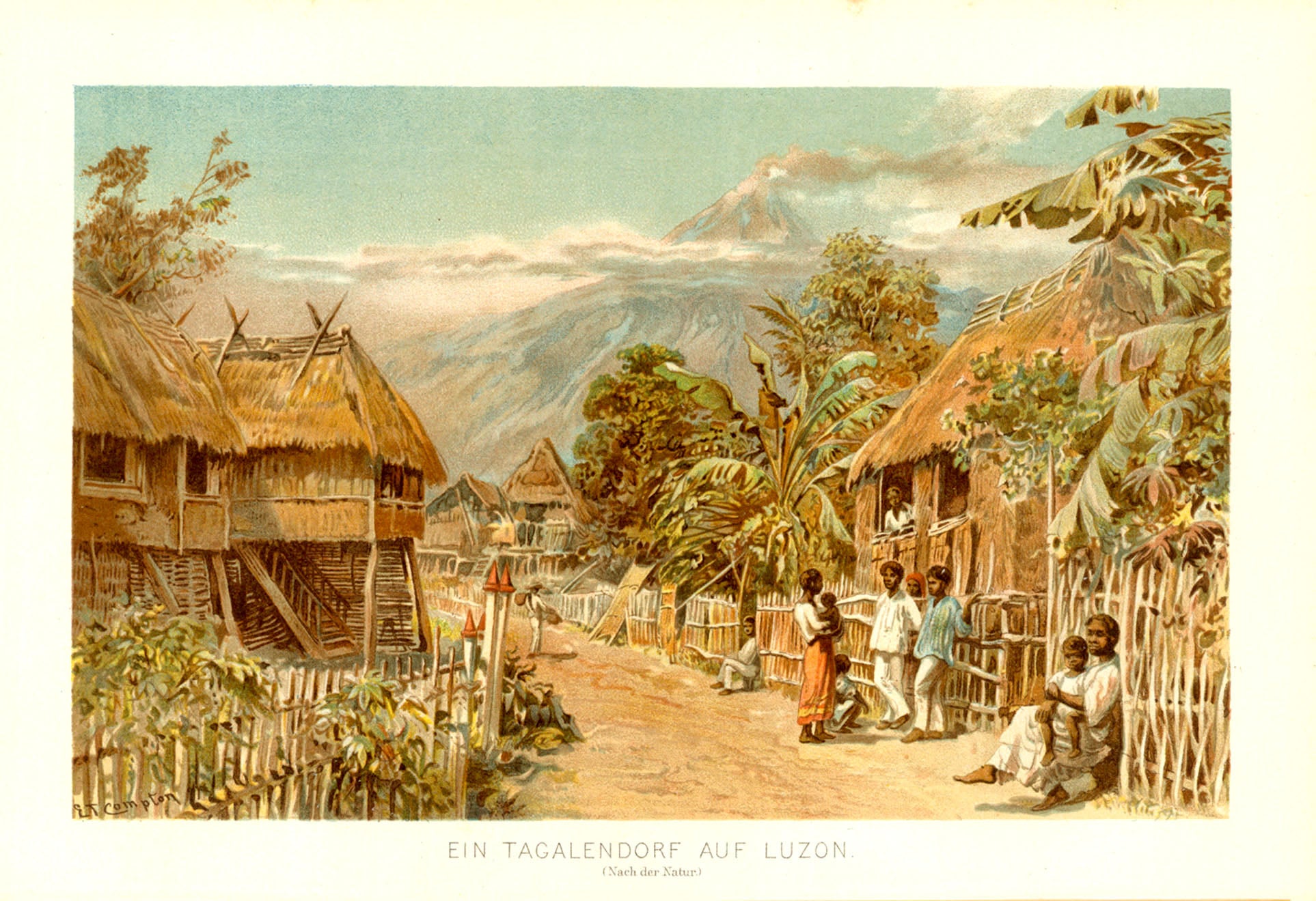Philippines: "Ein Tagalendorf auf Luzon" ( Tagalog village on Luzon),  Chromolithograph after E. T. Compton published 1890.