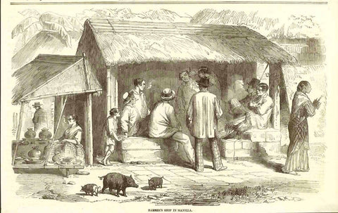 "Barber's Shop in Manila"  Wood engraving published 1858 in London. Reverse side is printed with unrelated text.