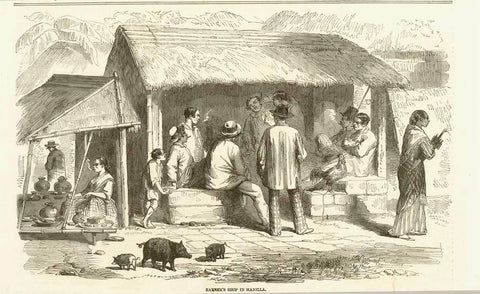 "Barber's Shop in Manila"  Wood engraving published 1858 in London. Reverse side is printed with unrelated text.  Original antique print , interior design, wall decoration, ideas, idea, gift ideas, present, vintage, charming, special, decoration, home interior, living room design