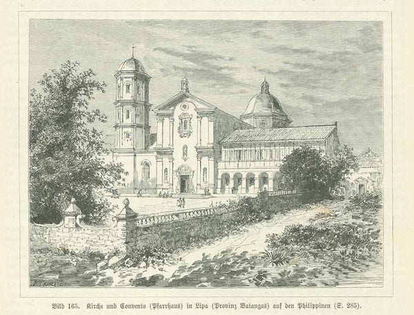 "Kirche und Convento (Pfarrhaus) in Lipa (Provinz Batangas) auf den Philippinen"  Wood engraving published 1895.  Original antique print , interior design, wall decoration, ideas, idea, gift ideas, present, vintage, charming, special, decoration, home interior, living room design