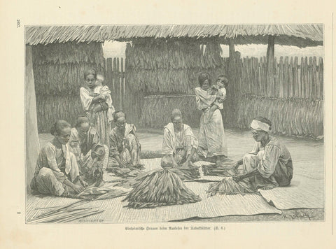 "Einheimische Frauen beim Auslesen der Tabakblaetter"  (Native women sorting tobacco leaves )   Philippines, Tobacco, Tabak, Smoking, Rauchen  Wood engraving dated1897.  Original antique print  