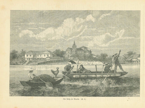 "Am Pasig bei Manila"  Wood engraving of boatsmen on the Pasig River. Published 1897.  Original antique print  