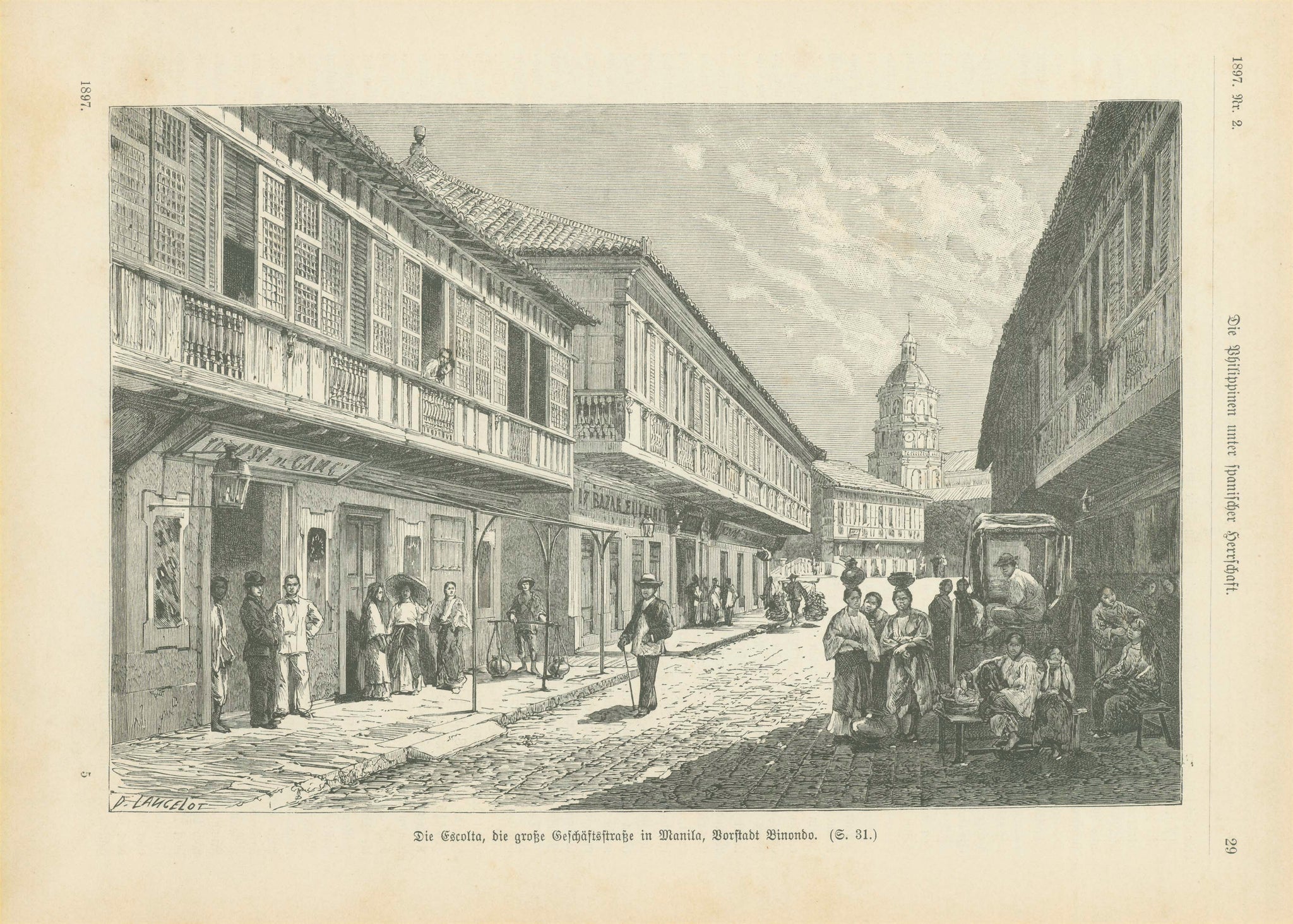 "Die Escolta, die grosse Geschaeftsstrasse in Manila, Vorstadt Biondo"  Philippines, Philippinen, Manila, Escolta, Biondo  Wood engraving dated 1897.  Original antique print  