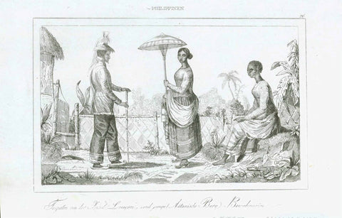 "Philipinnen" - Philippines  "Tagalen an der Insel Lucon und junge Petanische Berg Bewohnerin" (Tagalen on the island of Luzon and young inhabitants of the Petan Mountains)  Steel engraving ca 1845  Original antique print 