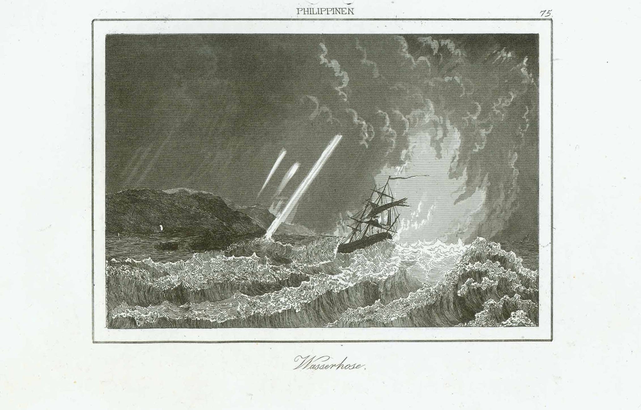 "Philippinen" "Wasserhose" (Tornado above water)  Philippines, Watterhose, Weather  Steel engraving ca 1845.  Original antique print  