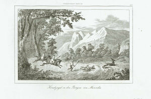 "Philippinen Inseln" "Hirschjagd in den Bergen von Mariveles" (hunting deer in Mariveles mountains - Bataan)  Steel engraving ca 1845.  Original antique print  