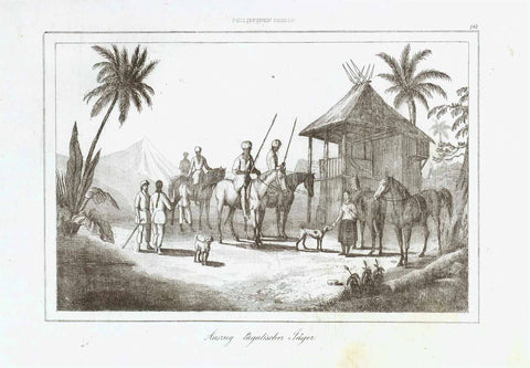 "Philippinen Inseln" "Auszug tagalischen Jaeger) (departure of Tagal hunters)   Philippines, Philippinen, Tagal  Steel engraving ca 1845  Original antique print  