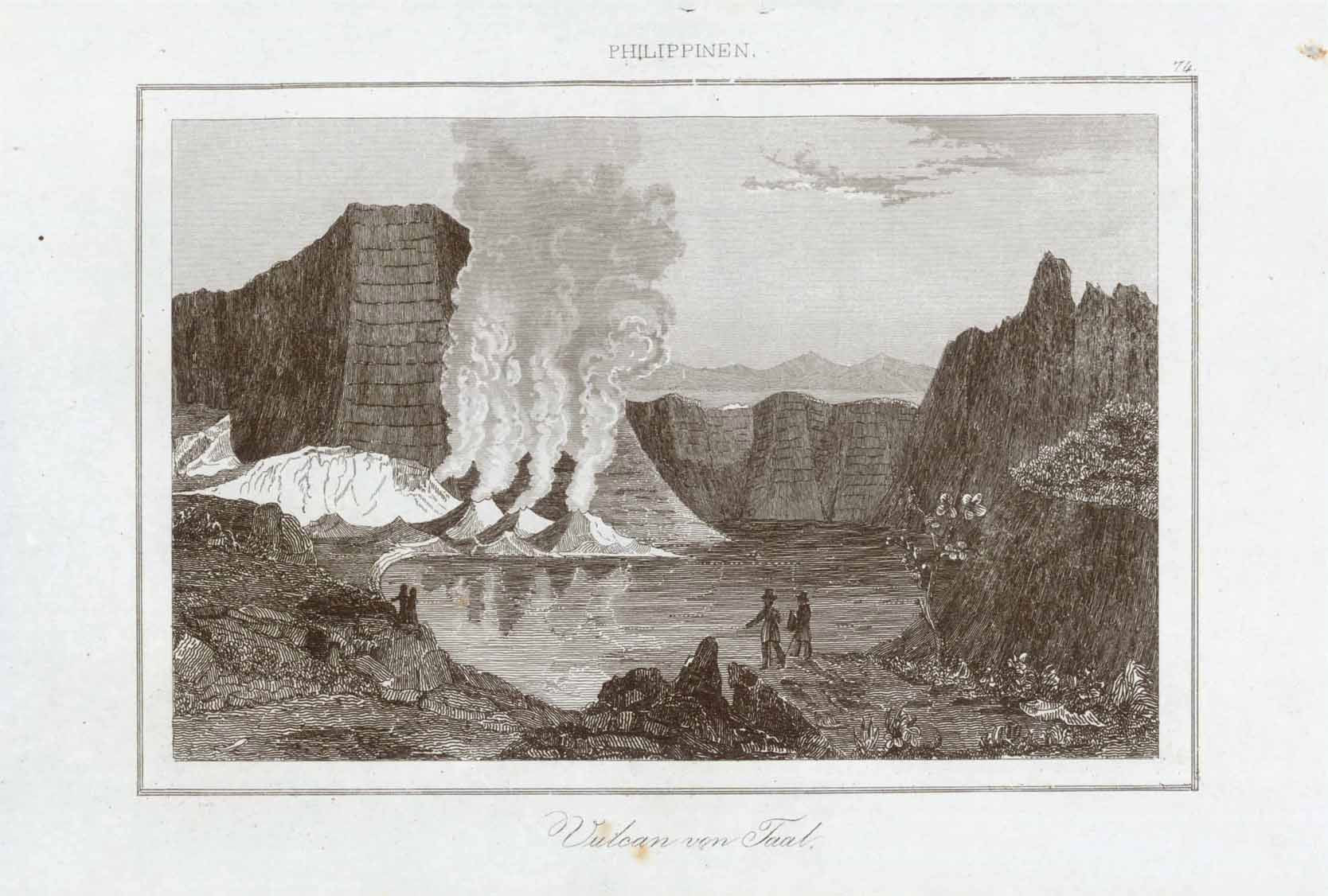 "Philipinnen" "Volcano von Taal"  Steel engraving ca 1845, Two tiny binding holes above the word "Philippinen"  Original antique print  