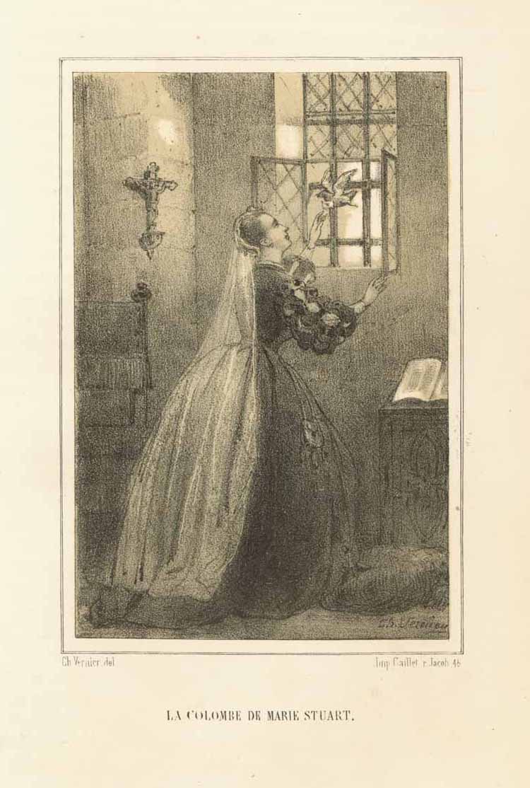 "La Colombe de Marie Stuart"  Toned lithograph after Ch. Vernier. Published 1884. Light natural age toning.