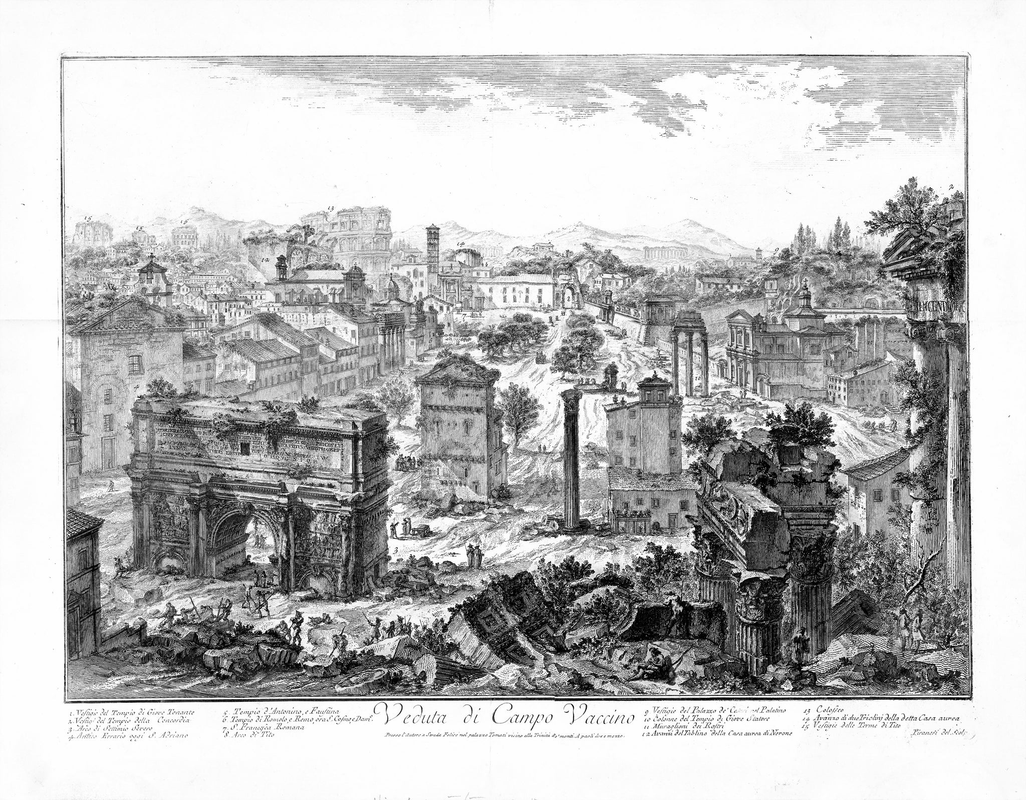 "Veduta di Campo Vaccino" - Foro Romano  Copper etching by Giovanni Battista Piranesi (1720-1778)  Published in "Vedute di Roma"  Hind 40. State III from VI. Rome, 1757  Original antique print   From 17th to the 19th century, before grand style excavations, the suburban area of the Foro Romano, was called Campo Vaccio. It was indeed used as a cow pasture and for animal market. That is why Giovanni Battista Piranesi, one of the greatest  Roman architects and artists, gave this title to his impressive etching
