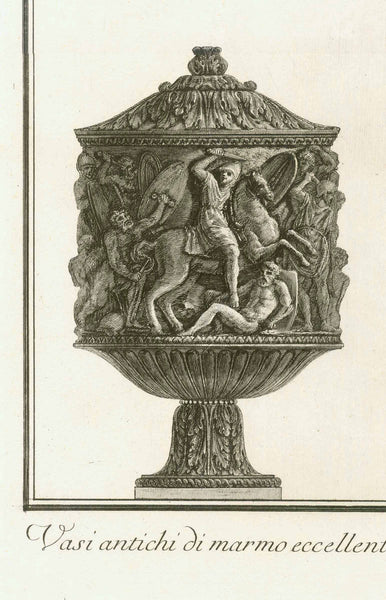 Three antique vases. The one in the middle with a Greek inscription on its base, and with an Ouroboros around the bottom of this elegant marble vase, dedicated (in memoria) to Francesco di Cosse-Brissac (1585-1651).  Published in the series: "Vase, candelabra, dipping, sarcophagi, tripod,, Lucerne, ed ornaments antichi disegnati ed incisi dal Cav. Gio.Batt. Piranesi pubblicati l'anno MDCCLXXIIX  Rome, Roma, Rom, 1778