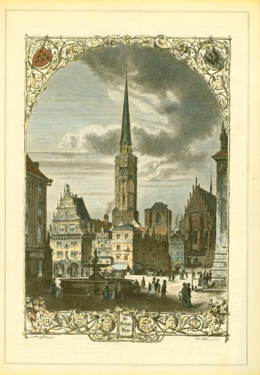 "Der Marktplatz in Neisse"       ( Nysa )  Very attractive hand-colored wood engraving made after Mannfeld. Published ca 1875.Original antique print  