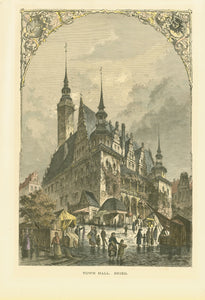 "Town Hall, Brieg"    (Brzeg) Hand-colored wood engraving published ca 1870.  Town hall with lively staffage. Reverse side is printed. 