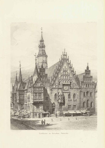 (Wroclaw) "Rathhaus in Breslau, Ostseite"  In German this technique is known as "Kupferlichtdruck". This attractive image of the town hall in Breslau was printed in "Zeitschrift fur Bauwesen" published 1887.  Original antique print    The artist is Carl Luedecke, an architect of many famous buildings in former Silesia.