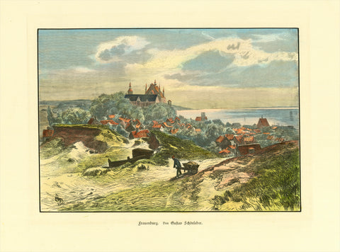 Frombok. - "Frauenburg"  Hand-colored and heightened with gum arabicum wood engraving by Gustav Schoenleber (1851-1917)  Published in a German book about the Baltic Sea  Published ca. 1880