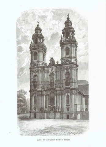 "Fassade der Cisterzienzer Kirche in Gruessau" (Krzeszow)  Wood engraving by E. Krell ca 1890.