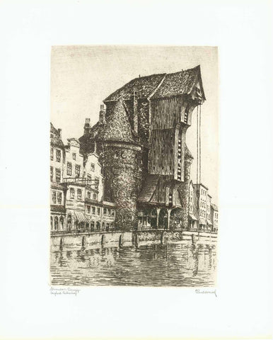 Danzig - Gdansk. - "Krantor"  Originalradierung auf Bütten. Bezeichnet und signiert von dem Künstler.  Links unten in Marge: Blindstempel des Künstlers  Original copper etching. Titled and signed by the artist. Lower left corner in wide margin has dry stamp of the artist.  Künstler / Artist: Paul Kreisel 1891-1982)   Printed in Berlin, ca. 1970  Original antique print  