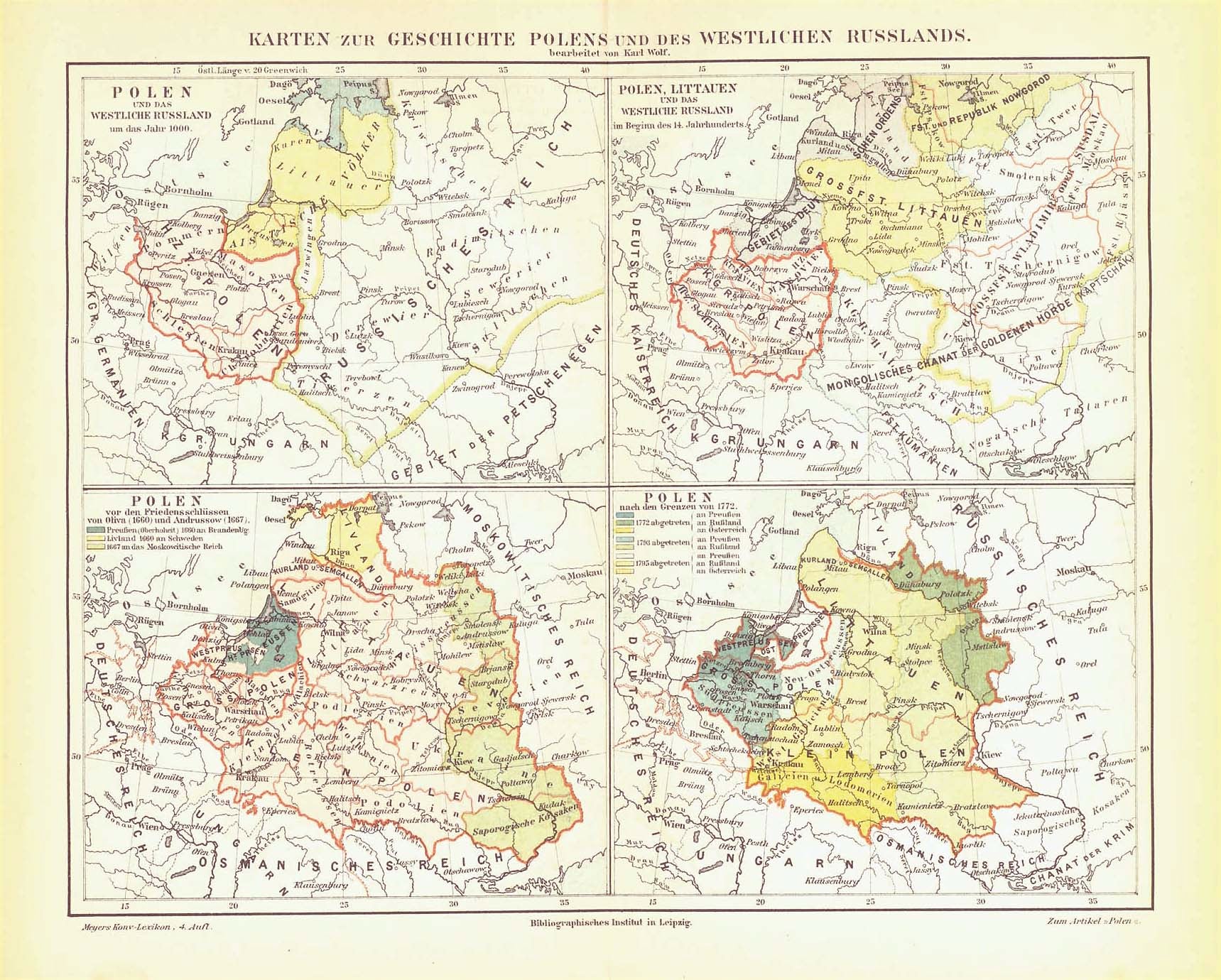 Poland, West Russia, Poland. - "Karten zur Geschichte Polens und des Westlichen Russlands"  4 small maps on one page: History of Poland and Western Russia in the years:  Ca. 1000, beginning of 14th century, &emdash; 1660 / 1667, 1772  Chromo-lithograph from zinc plate after the drawings by Karl Wolf  Published in Leipzig, 1893  Original antique print   For a 30% discount enter MAPS30 at chekout 
