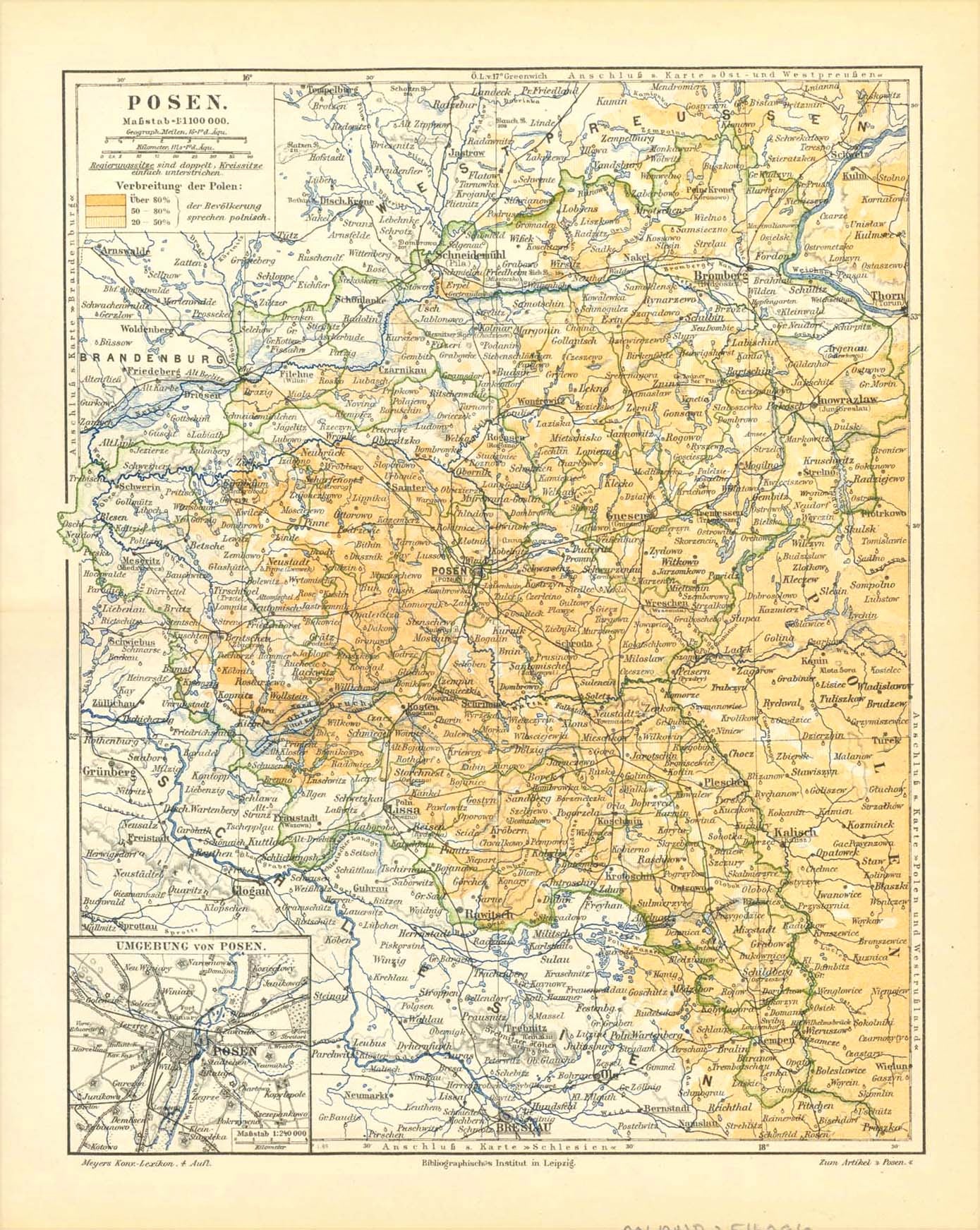 Maps, Poland, Posen, "Posen" (Poznan)  The province of Poznan with a little inset of the city of Poznan and its surroundings.  Chromo-lithograph  Published in Leipzig, 1893  Original antique print   For a 30% discount enter MAPS30 at chekout