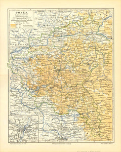 Maps, Poland, Posen, "Posen" (Poznan)  The province of Poznan with a little inset of the city of Poznan and its surroundings.  Chromo-lithograph  Published in Leipzig, 1893  Original antique print   For a 30% discount enter MAPS30 at chekout