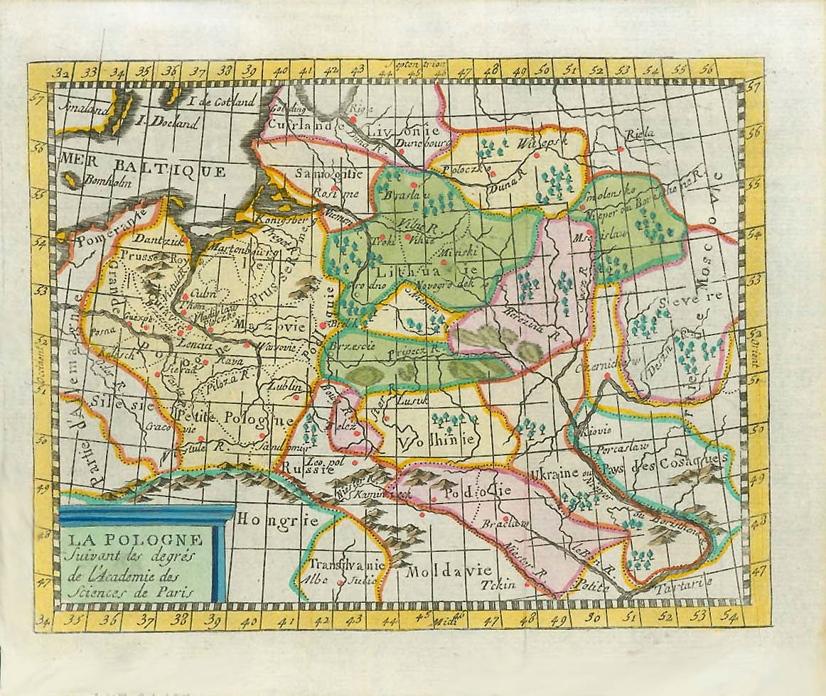 Poland, "La Pologne suivant les degres de l'academie des Sciences de Paris"  Hand-colored copper etching  Published in "Geographie Universelle"  By Claude Buffier  Paris, 1754  Map shows the area of Poland, Lithuania and East Prussia as borders were in mid 18th century.  Map reaches east to include Belo Russia, south to the Ukraine, Moldavia and Transilvania and north to the Baltic region of Estonia and Livonia. This map is actually a map of Eastern Europe.