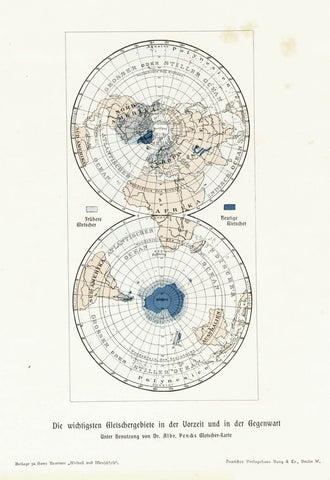 "Die wichtigsten Gletschergebiete in der Vorzeit und in der Gegenwart" (the main glacier areas in prehistorical times and now)  Printed in color 1904.
